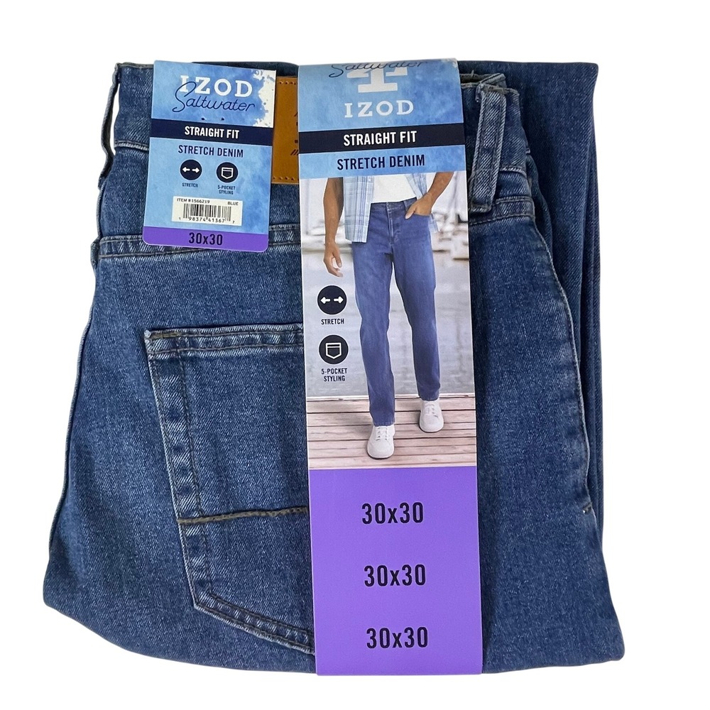 IZOD Saltwater Mens 30x30 Straight Fit Stretch Denim Blue Jeans 1566219 NWT